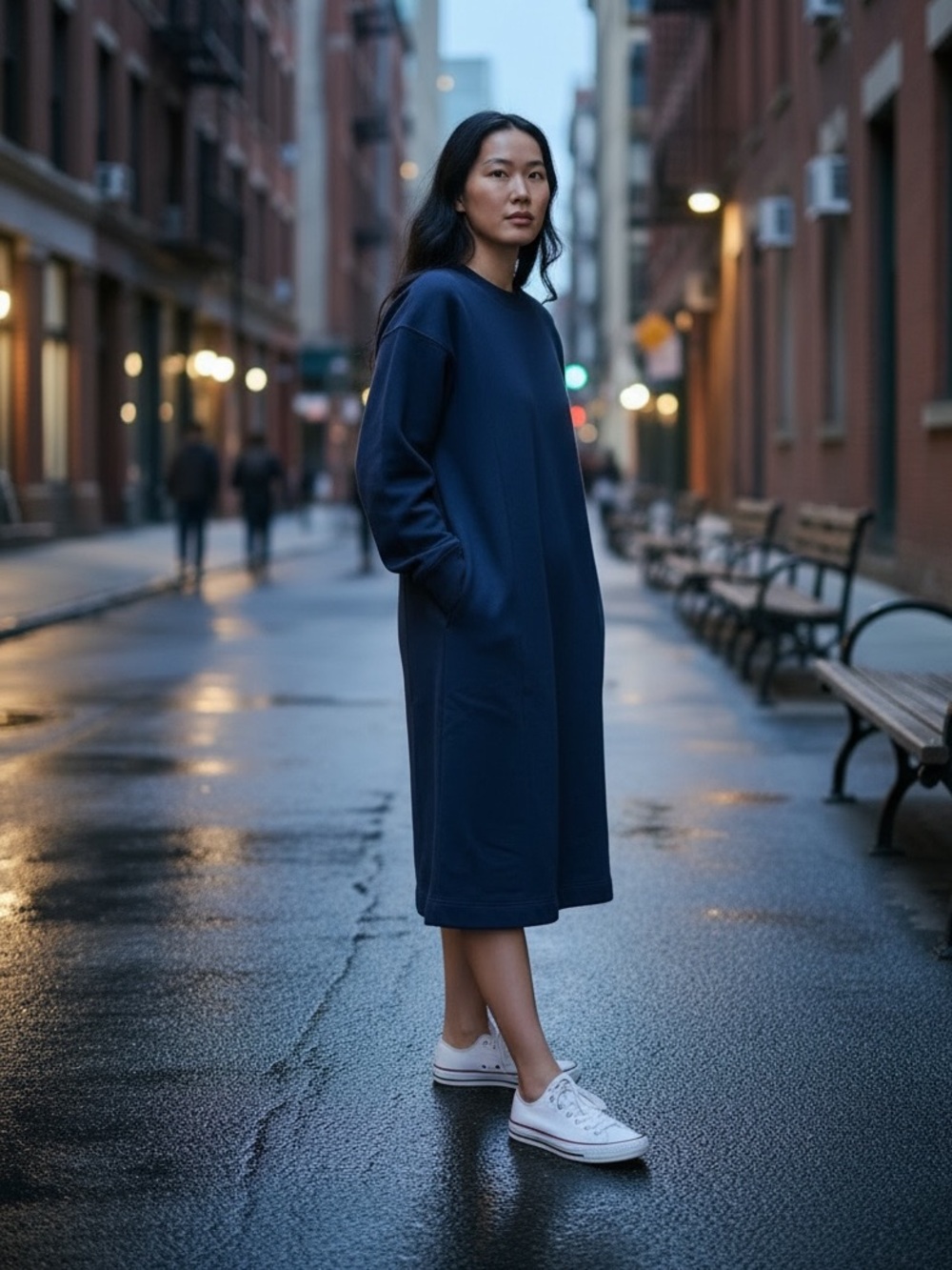 Uniqlo Navy Long Sleeve Terry Cotton Sweatshirt Dress